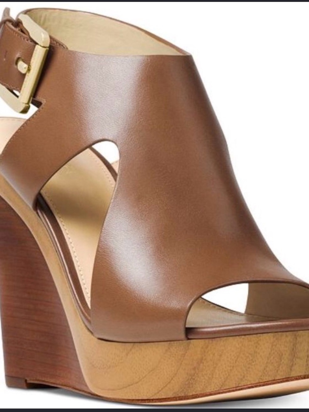 MICHAEL Michael Kors Brown Leather Peep-Toe Wedge Sandals